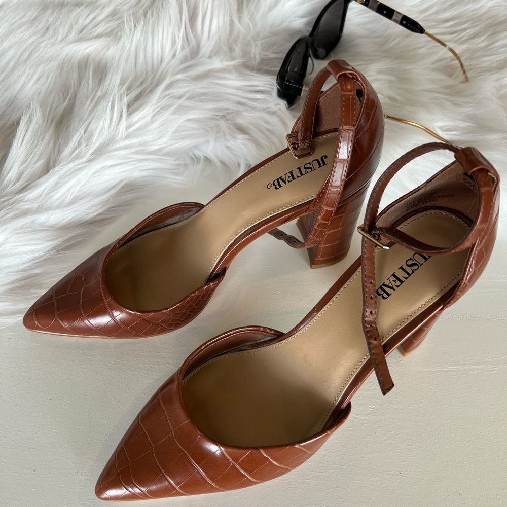 Crocodile brown block heels shoes from JustFab.